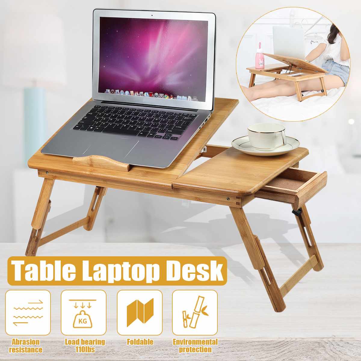 Bamboo Adjustable Laptop Desk Notebook Table Folding Breakfast Serving Tray Bed Table with Drawer Working in Bed Sofa W/Drawer