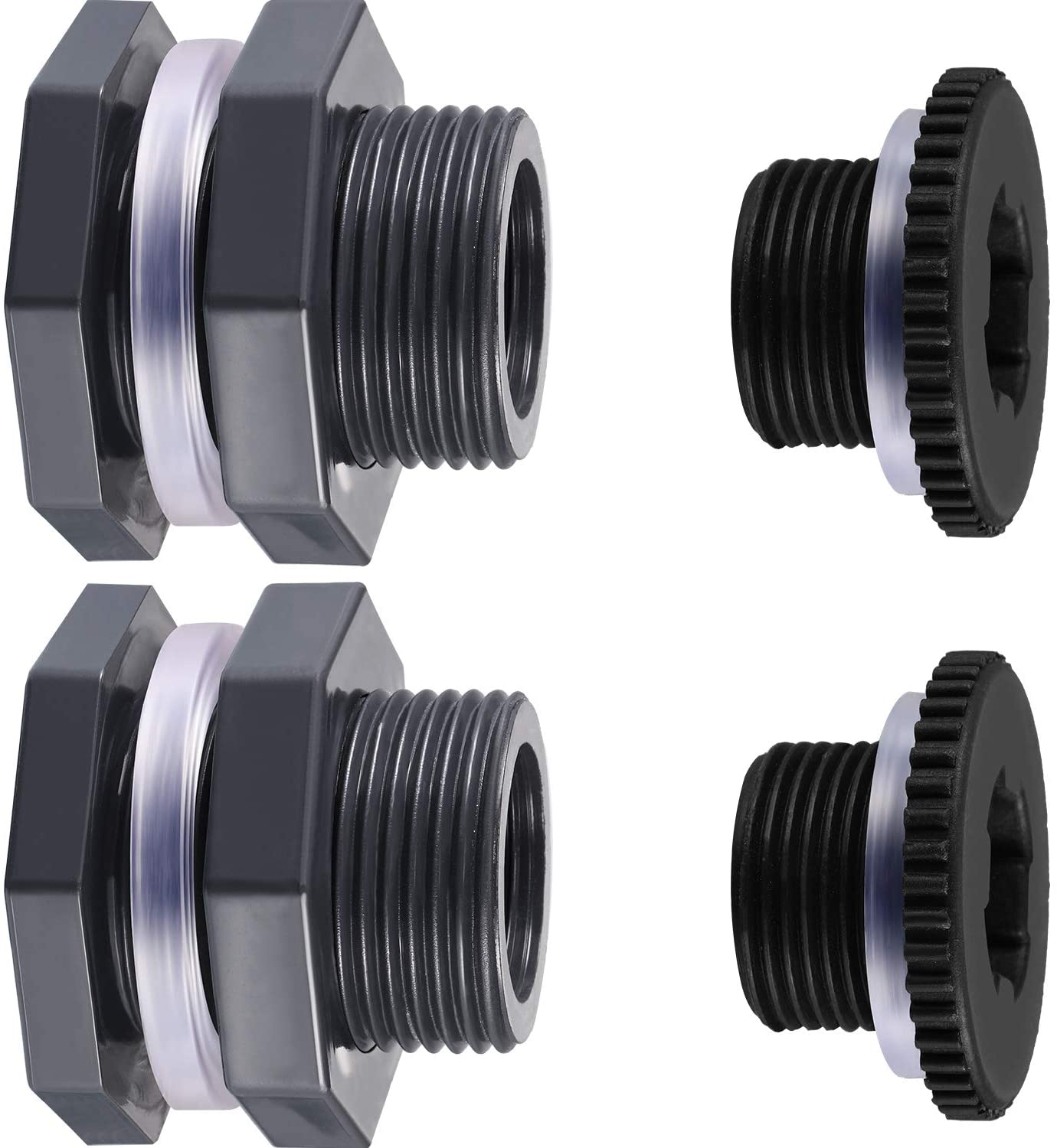 2 Pcs PVC Bulkhead Fitting with Plugs for Rain Barrels,Water Tanks, Tubs, Pools (3/4 Inch+4 mm Thick Silicon Seal Gaskett)
