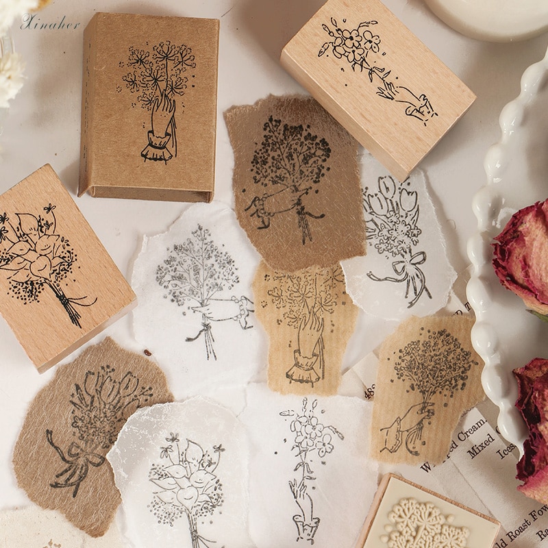 Xinaher vintage tulipan lilje bukett dekorasjonsstempel tre gummistempler for scrapbooking skrivesaker gjør-det-selv håndverk standard stempel