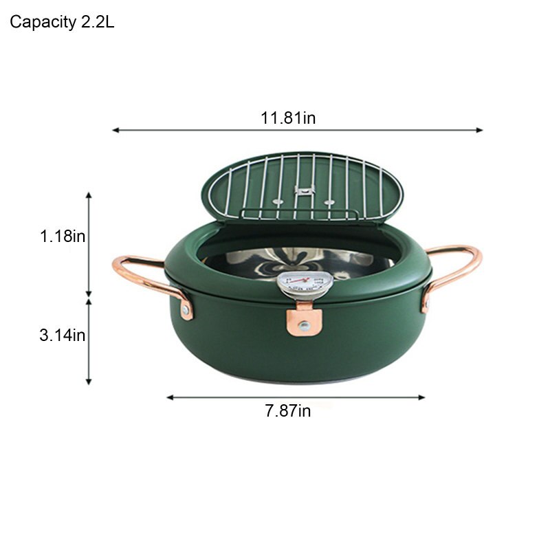Japanese Deep Frying Pot with Thermometer Non-stick Tempura Fryer Pan 20cm Green