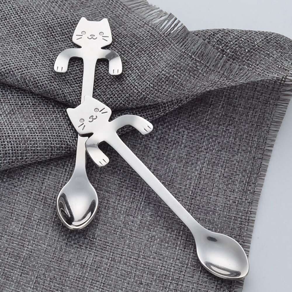 Stainless Steel Cat Spoon Long Handle Flatware Coffee Tea Spoon Seasoning Drinking Tools Hanging Up Teaspoon Kitchen Gadgets