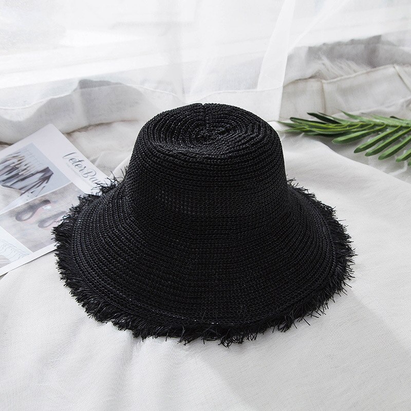 Sombreros Boater de verano para mujeres, sombrero de paja para mujeres y niñas, sombrero de playa de encaje Panma, sombrero flexible plegable de viaje para mujeres: black
