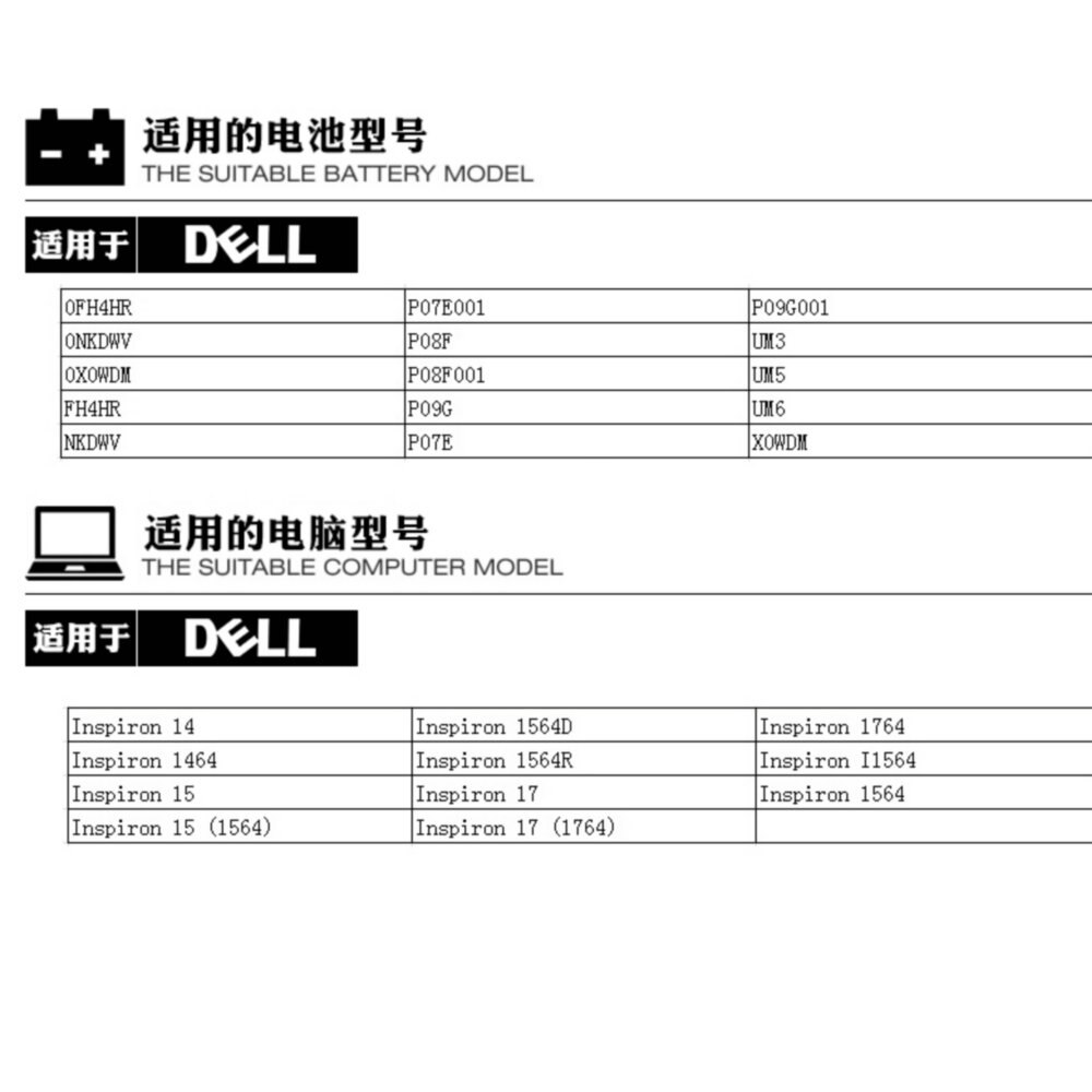 Original size Laptop Battery for Dell Inspiron 14（1464）15（1564）17（1764）05Y4YV UM3 P08F P09G JKVC5 TRJDK UM5 UM6 P07E Batteries