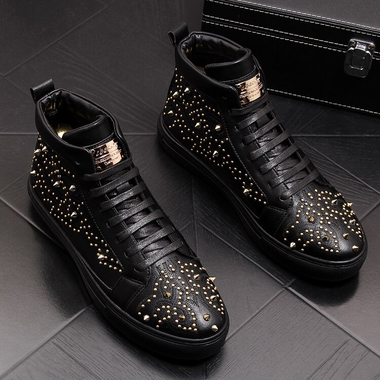 Stephoes Männer Trend Stiefeletten Frühling Herbst hoch oben Nieten Hüfte hüpfen lässig Schuhe Männlichen Luxus Punk Schuhe: Schwarz / 42