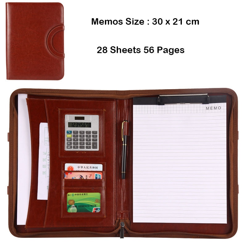 A4 fichario dokumentmapp pärm padfolio portfölj anteckningsbok med miniräknare handtag dragkedja pu läder kontorschef fodral