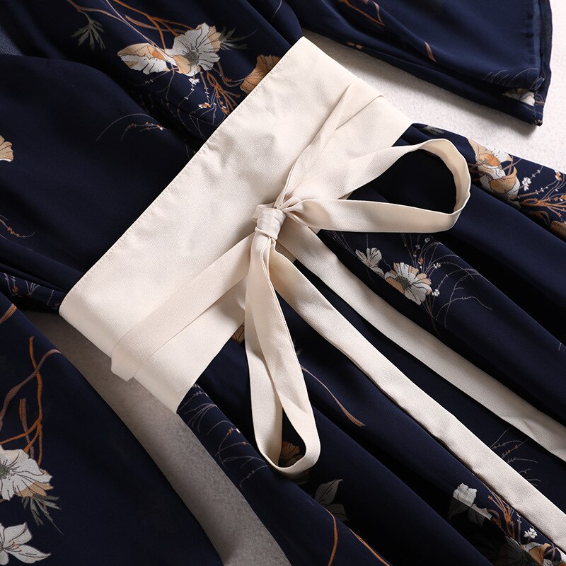 5XL Japanese Traditional Kimono Dress Women Girls Yukata Streetwear Belt Floral Print Plus Size V Neck Vintage Style Obi Navy