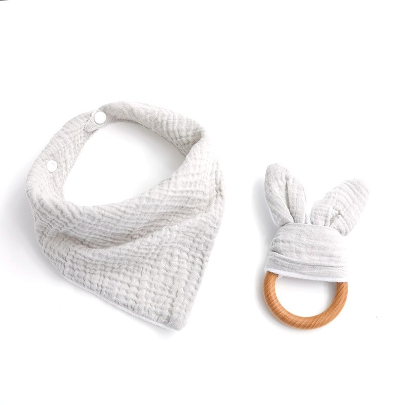 2 Stks/set Baby Jongen Meisje Speeksel Tissue Molars Ring Houten Bijtring Set Katoenen Mousseline Slabbetjes Effen Kleur Burp Doek Driehoekige sjaal