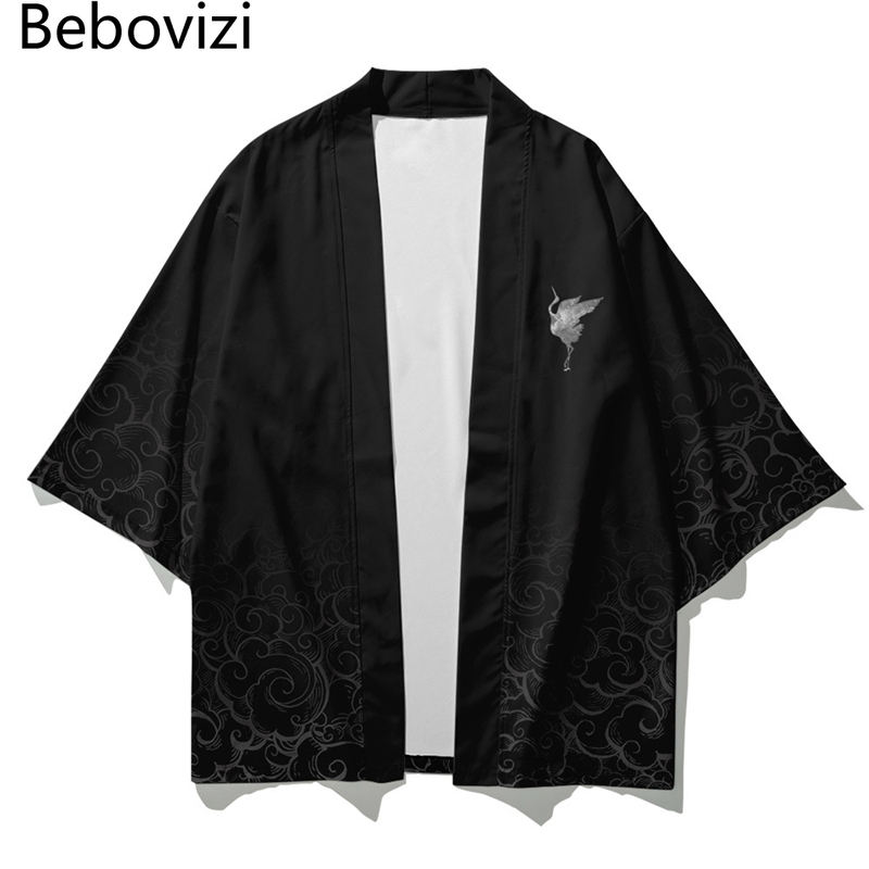 Japanse Vest Aziatische Strand Yukata Vrouwen Harajuku Crane Traditionele Zwarte Kimono Mannen Samurai Kostuum Haori Cosplay Kleding
