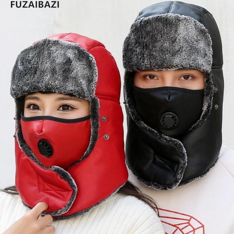 Chapeaux de bombardier thermiques en cuir pour hommes et femmes, Protection des oreilles, casquette de Ski, Protection du cou épaisse en velours pour vieil homme, hiver