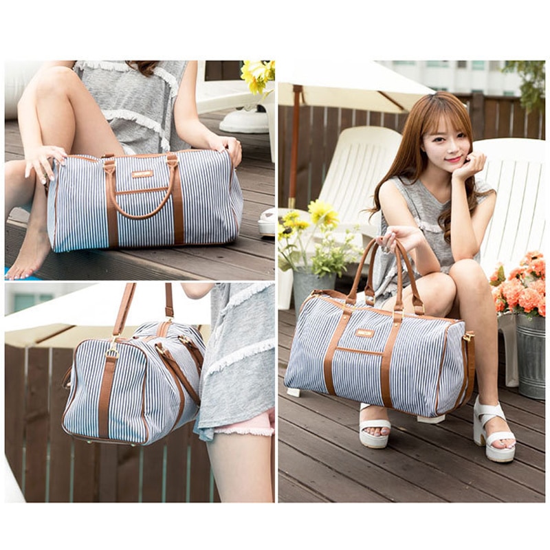 Canvas+PU Leather Women Travel Bag Striped Duffel Tote Large Weekend Bag Female Packing Cubes Suitcase Shoulder Bags