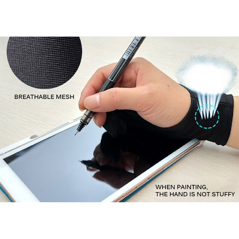 Sort 2- finger anti-fouling handske, højre og venstre hånd kunstner tegning til enhver grafisk tegning tablet tegning håndbeskytter