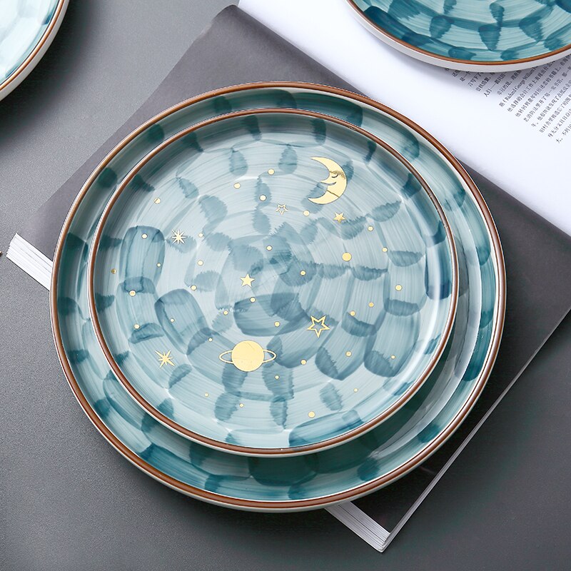 Hand Painted Starry Night Plate Eco-Friendly Ceramic Underglaze Steak Plate Dessert Tray Dinner Plates