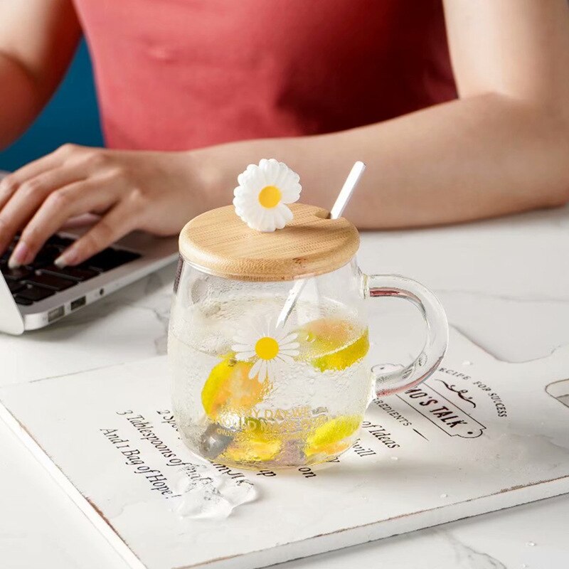 Cute Pastoral Style Glass Cups with Milk Breakfast Mug Office Flower Tea Cup Cold Drink Juice Mug: A Little Daisy