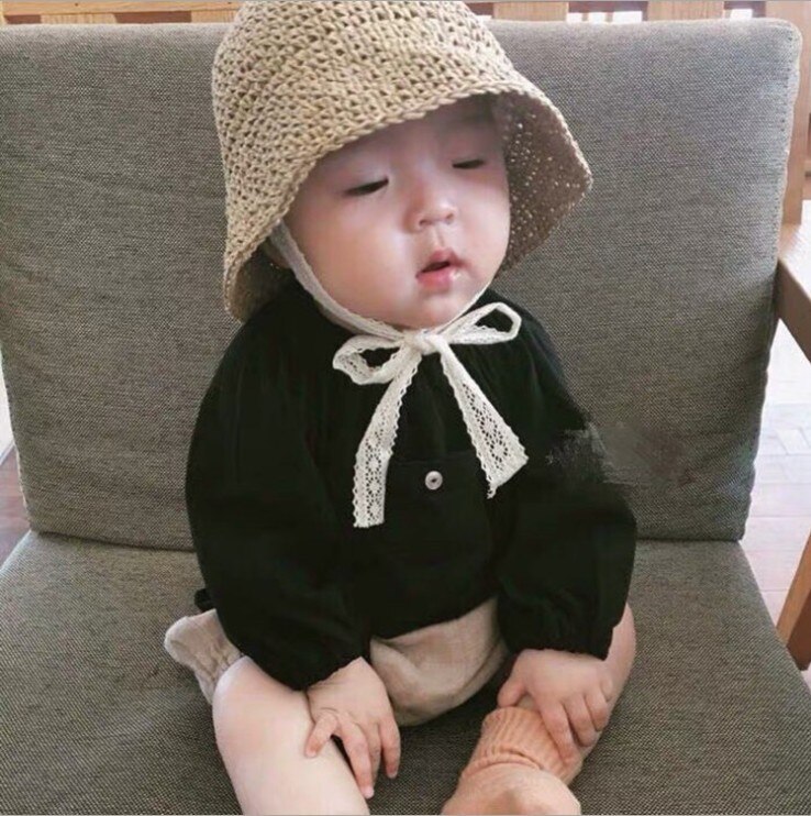 Chapeaux de paille en dentelle pour bébé garçon et fille, chapeau d&#39;été coréen, sangle en dentelle, Crochet, casquette de soleil pliable, pour la plage, pour l&#39;extérieur: 0262khaki / adult57CM