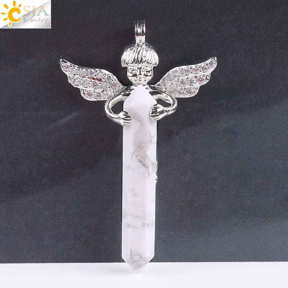 CSJA Gli Uomini e Le Donne Amano Regalo di Cristallo Naturale Gemma di Pietra Lunga Spada Esagonale Prisma Cupido Ali di Angelo Pendenti Con Gemme E Perle per Collane e818: White Turquoise B