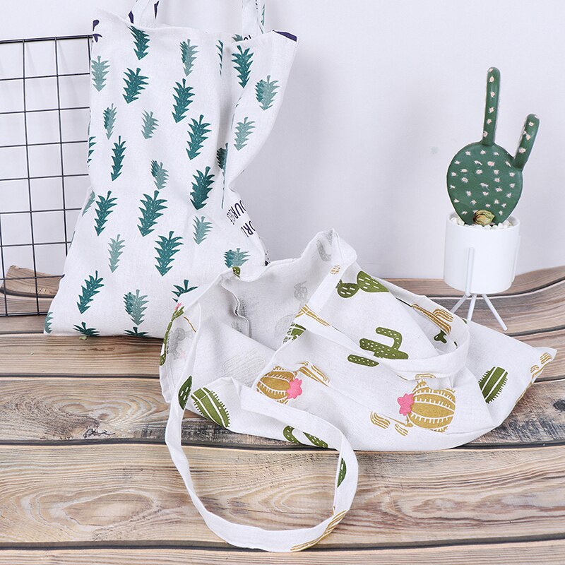 1pc Reusable Foldable Shoulder handbag Pine cactus linen bag Women Canvas Bags shopping outdoor canvas shoulder bags