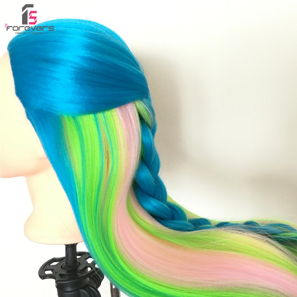 22” Salon Hairdressing Colorful Long Hair Mannequin Doll Training Head Blue Green + Free Clamp