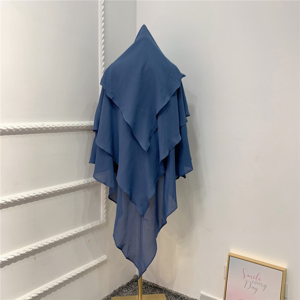 Foulard khimar trois couches à volants pour femmes, hijab, musulmane, dubaï, Turban turc, châles malaisiens, marocain: Bleu