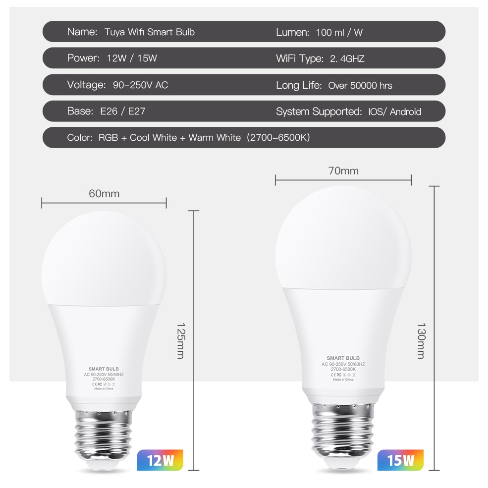 Wifi smart lyspære rgb + hvit + varm hvit  e27 led pære tuya smart life app dimbar stemmekontroll arbeid med alexa, google home