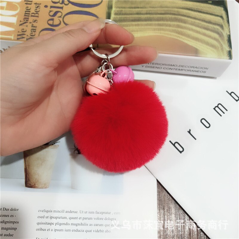-love 8cm faux rex kanin pom-pom nøglering tiy kontrast farve klokke par taske tilbehør sydkorea små smykker tilbehør: Rød