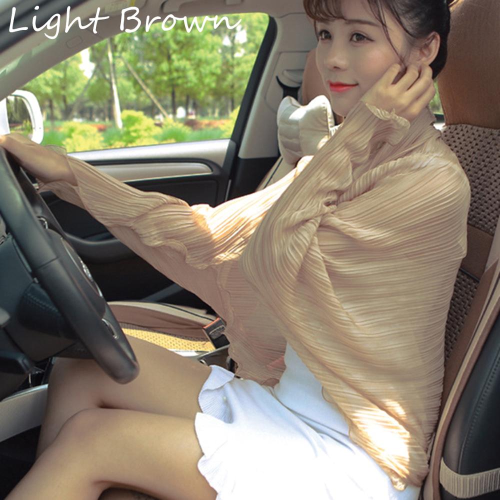 Solid-colored Pleated Summer Women Chiffon shawl Scarves Pure Color Long Sleeve Poncho Stole Female Shawls Snud: Light Brown