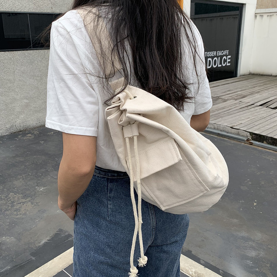Koreanischer beutel mit kordelzug für damen, schultertasche, lässige umhängetasche aus Segeltuch, Bote Tasche für damen, schultasche, bolsa feminin: Beige