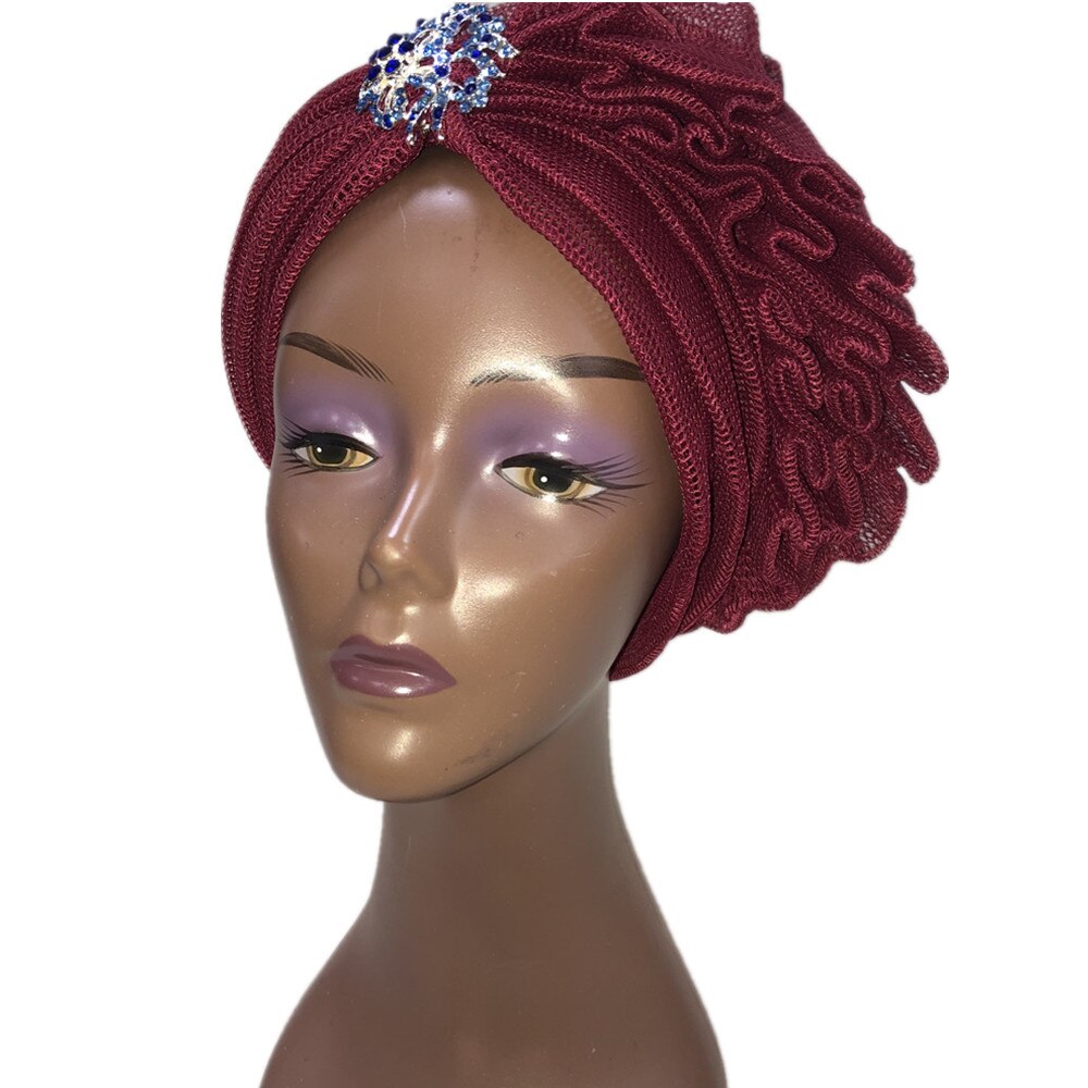 Blue Aso Oke Gele African Headtie Already Made Gele Head Wrap Ladies Hat auto headtie Muslim aso oke gele-: 10