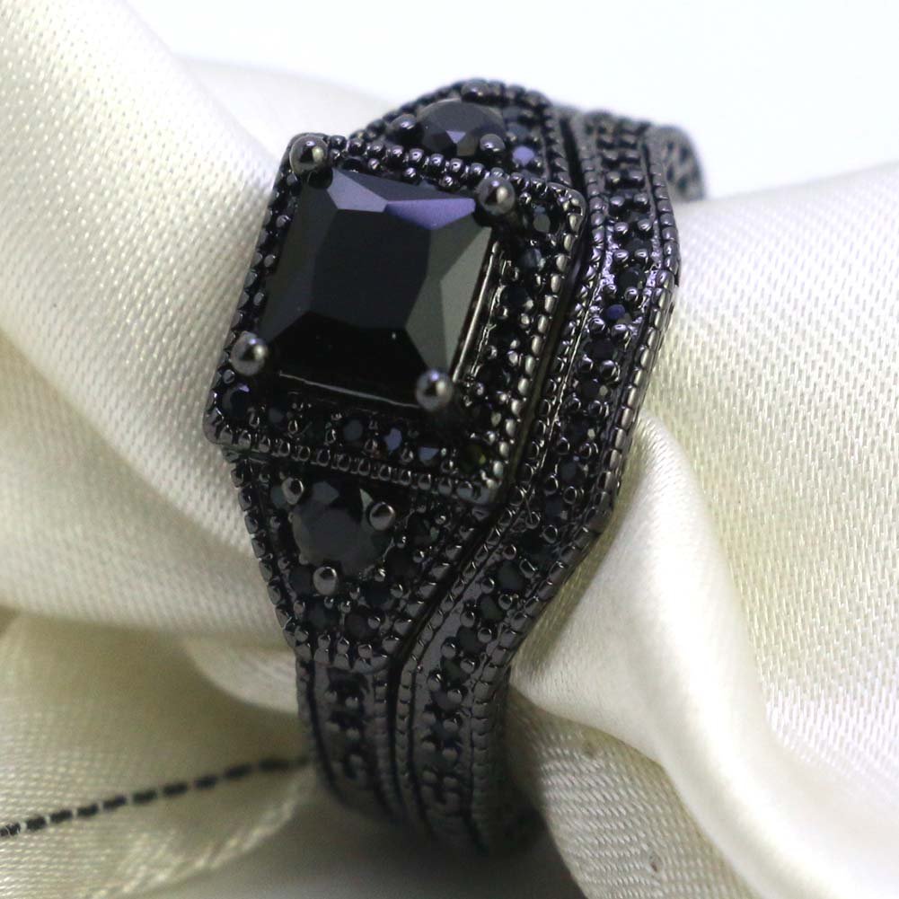 Anillos de pareja con dijes, conjunto de anillos románticos con diamantes de imitación negros para mujer, anillo de acero inoxidable con piedra CZ negra de dos filas para hombre, joyería de boda