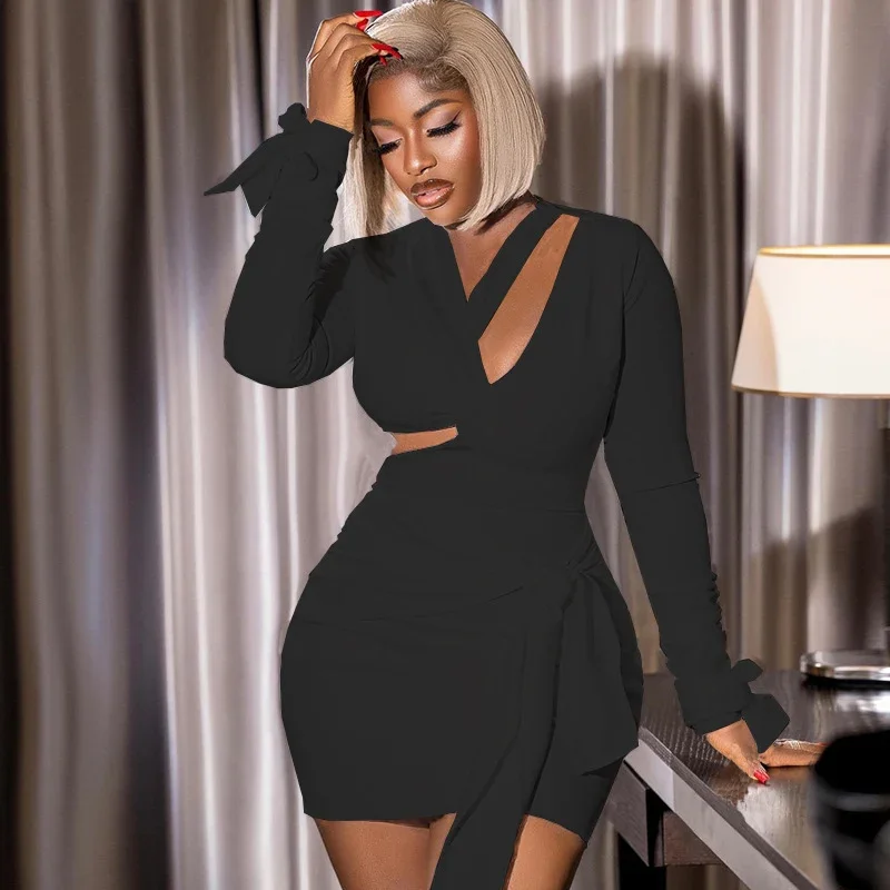 Sort/hvid bodycon-kjoler til kvinder langærmet udhulet snørebånd rygløs bandage festkjole klub vestido branco: L / Sort