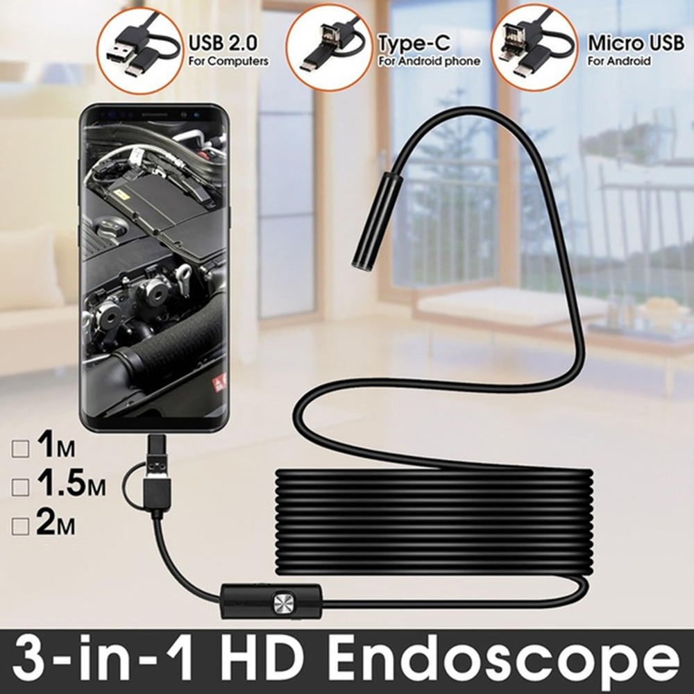 Boroskooppikamera 2m 1m joustava käärmeendoskooppikamera boroskooppi 5.5mm 7mm linssi mircrousb type c älypuhelimelle android pc mac