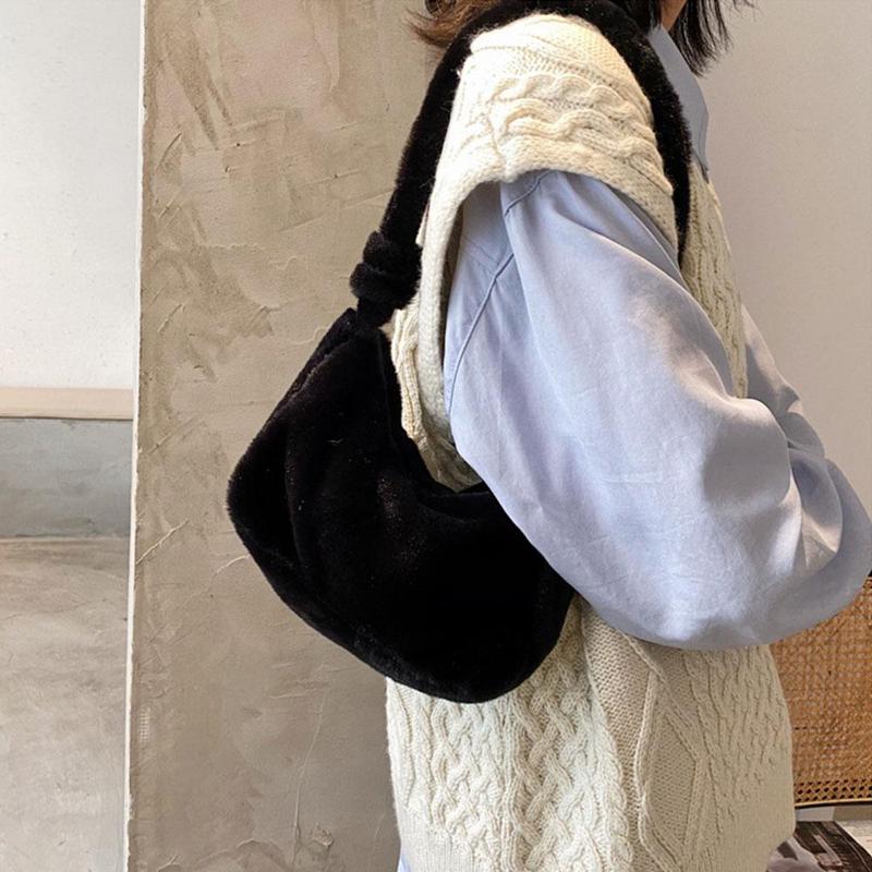 Mode Pluizige Schoudertassen Voor Vrouwen Solid Warme Zachte Vrouwelijke Handtas Herfst Zak Zakken Onderarm Pluche Winter Kleur Bont j2G5