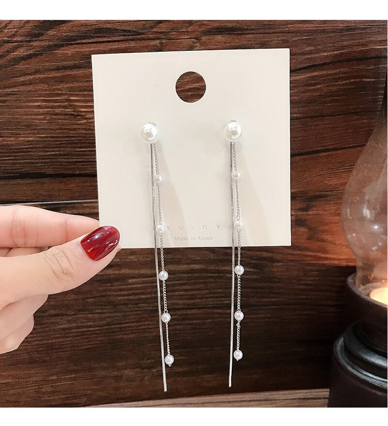S925 Pin Stud Oorbellen Witte Parel Lange Fringe Oorbellen Modieuze Temperament Lange Oorbellen Voor Vrouwen Party