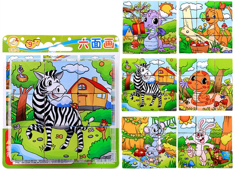 1PC Kinder Cartoon Holz Neun Blöcke Sechs-seitige Weisheit 3D Tier Würfel Puzzle Spielzeug für Kinder Bildungs baby Spielzeug: animal B