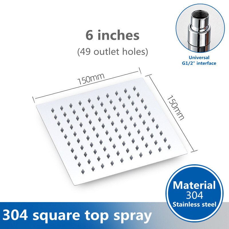 Bathroom 12/10/8/6/4 inch Rainfall Shower Head Stainless Steel Ultra-thin Shower Heads Chrome Finish Round &amp; Square Rain Shower: 6 inch Square
