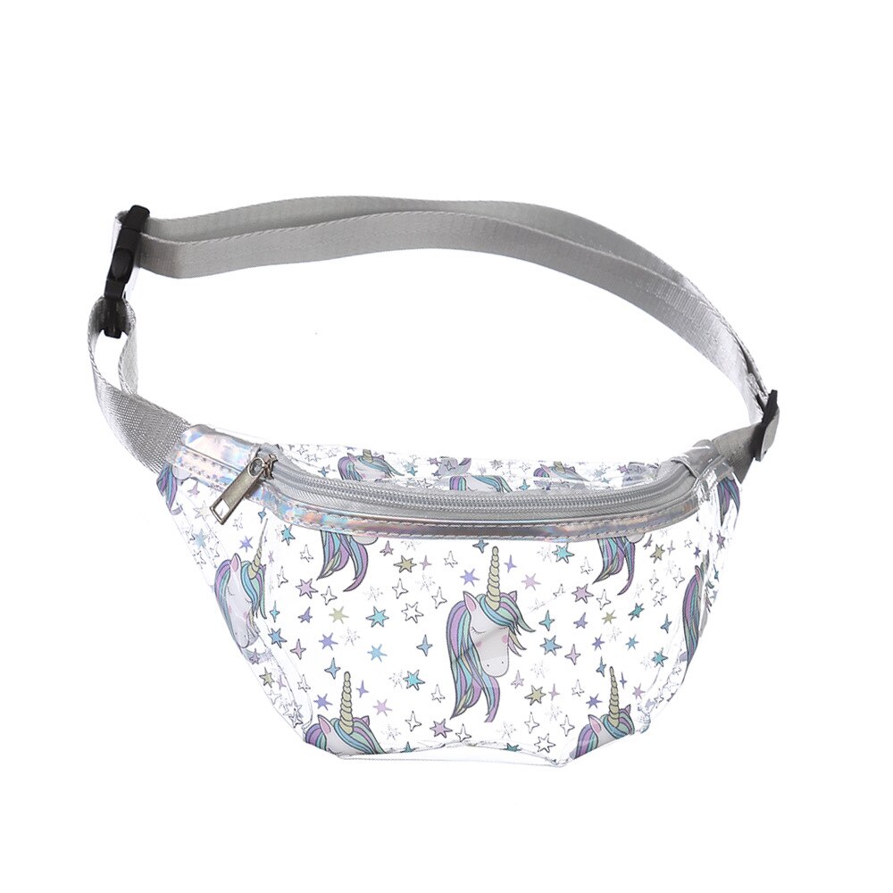 Sac banane pour femmes, été , sac de ceinture de plage transparent en PVC avec licorne de dessin animé pour filles: many unicorn