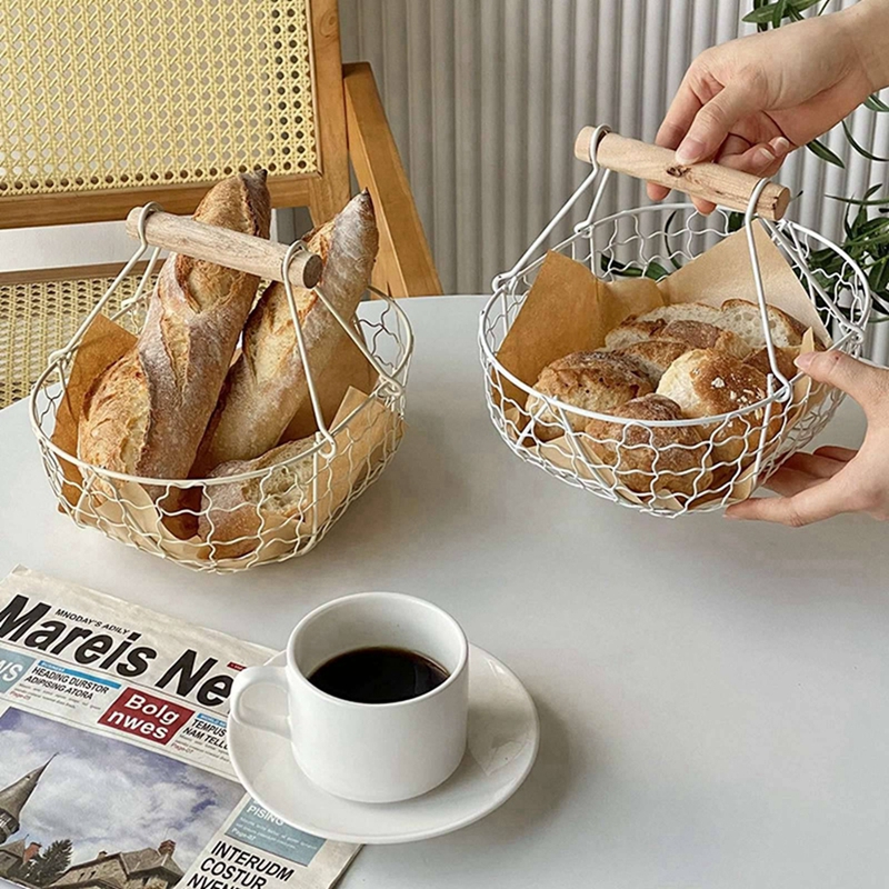 Metalen Draadmand Met Houten Handvat Decoratieve Serveermand Voor Broodvoedsel Fruit Ei Thuis Organizer Keuken Opslag Fruitbakken