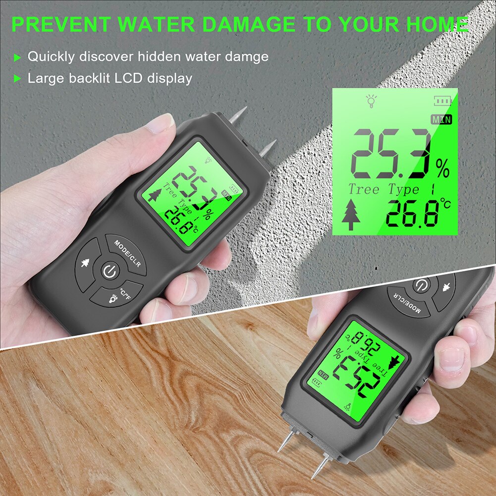 Handheld Wood Moisture Meter Digital LCD Display Paper Humidity Tester Quick Moisture Sensor for Firewood Furniture Garden Tool