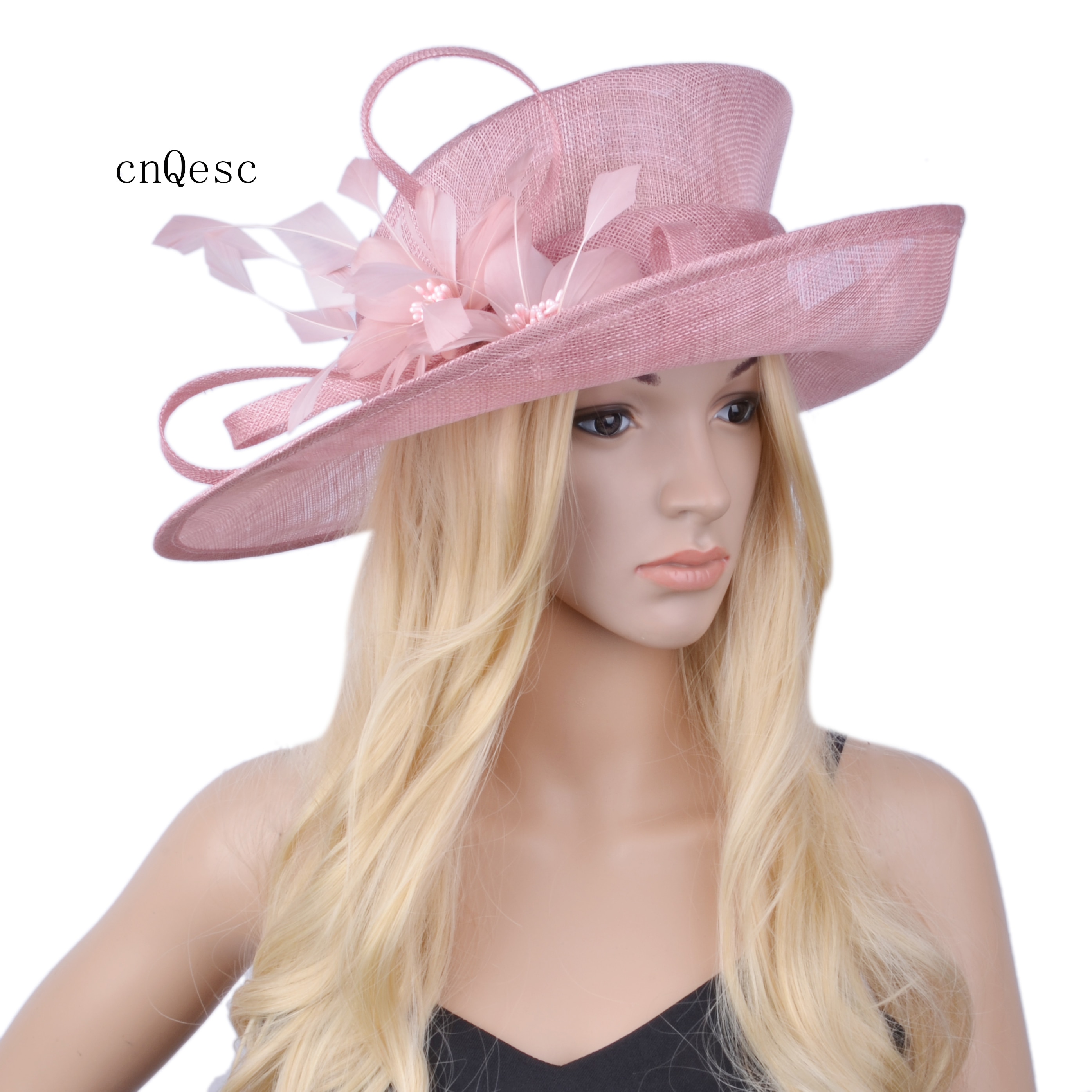 Blush pink big brim sinamay hat for Church.