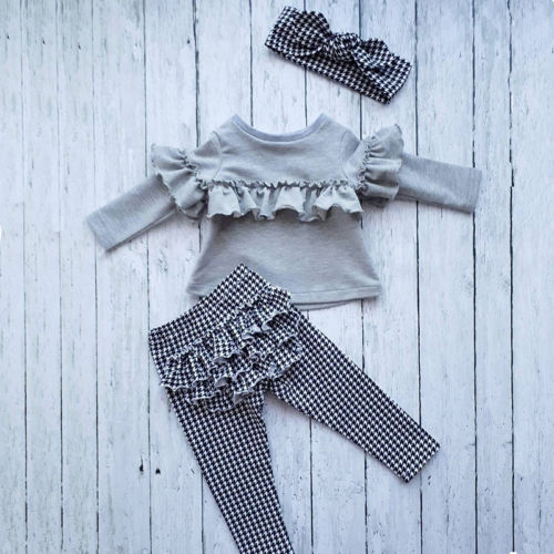 Bambino del bambino Bambini vestiti Del Bambino Della Ragazza Ruffle manica lunga Magliette e camicette + plaid Pantaloni Leggings + fascia per capelli 3 pz Outfits Vestiti set