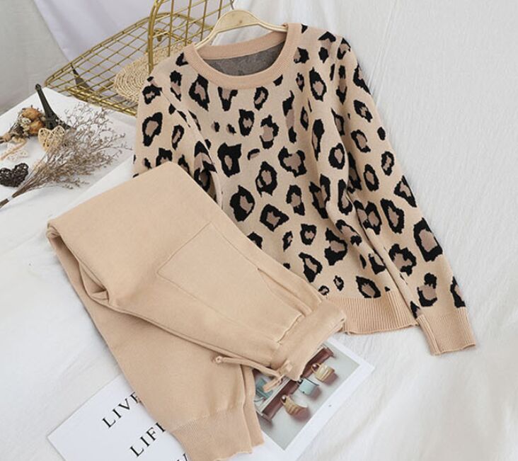 Amolapha dam stickad leopard pullover tröjor+byxor set kvinna jumpers byxor 2 st kostymer outfit: Khaki ny