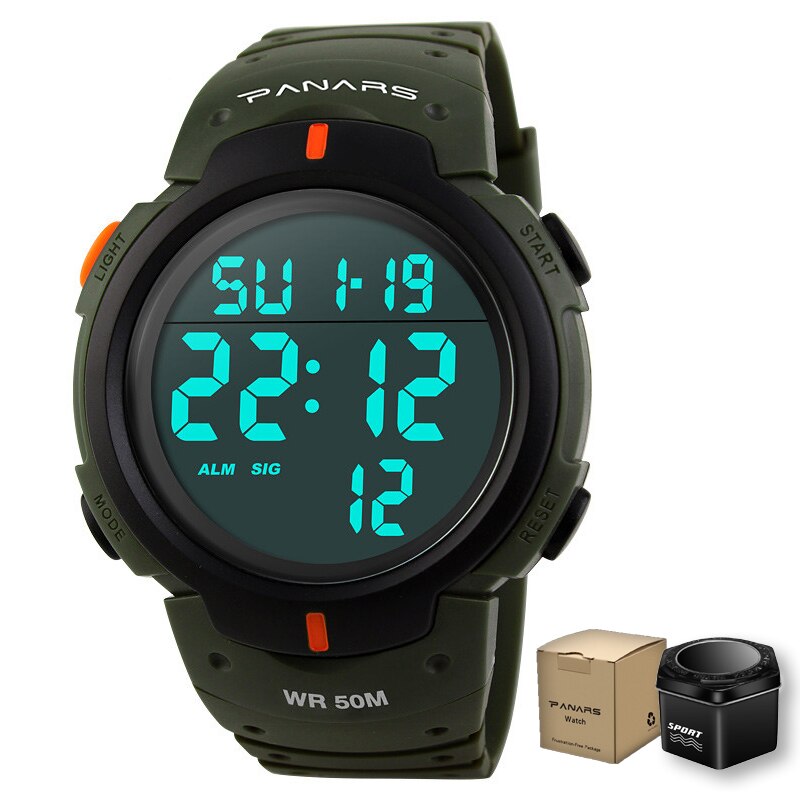 Outdoor Sport Horloge Mannen Grote Wijzerplaat Multifunctionele Digitale Horloge Voor Mannen 5ATM Waterdichte Horloges Wekker Reloj Hombre 1251: Army Green With Box