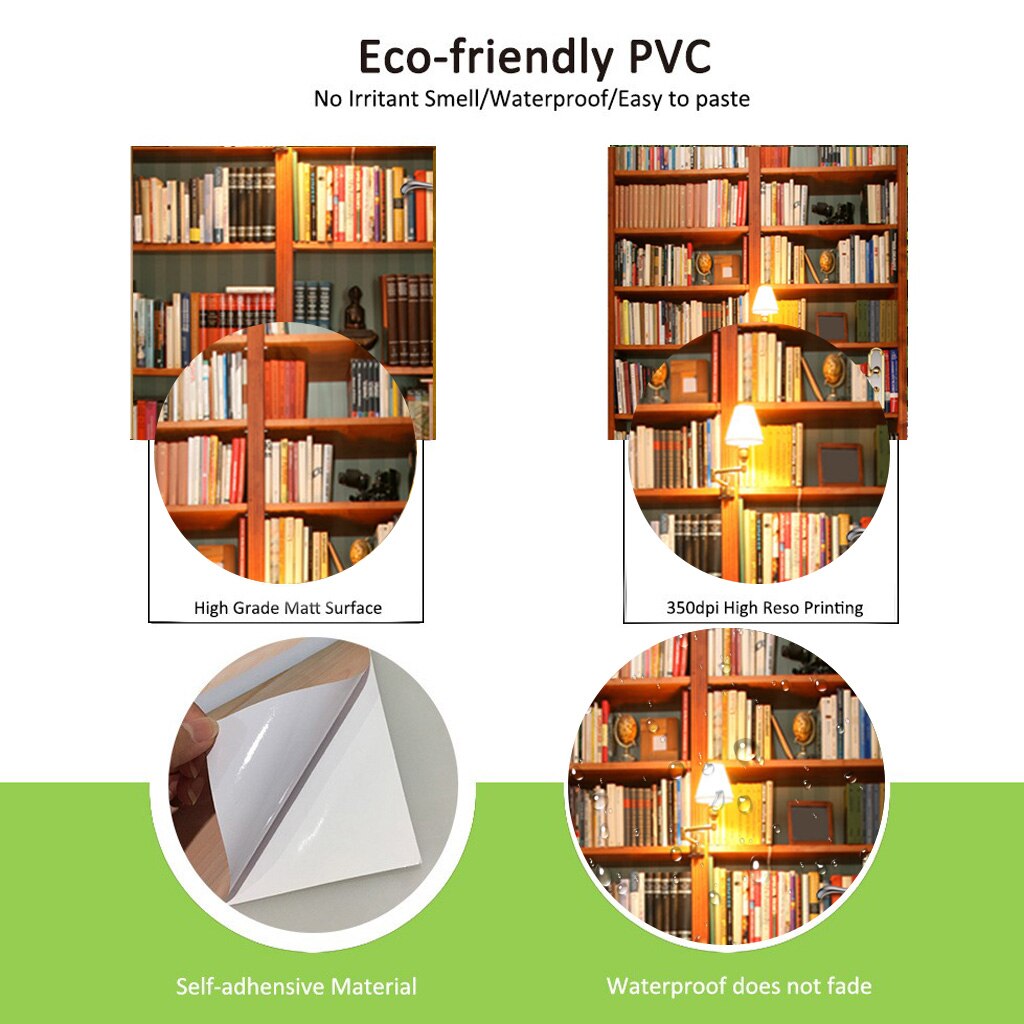 2-Piece/Set Self-Adhesive 3D Bookcase Door Stickers Removable Vinyl Matt Wallpaper Decals Waterproof Non-toxic Home Room Wall