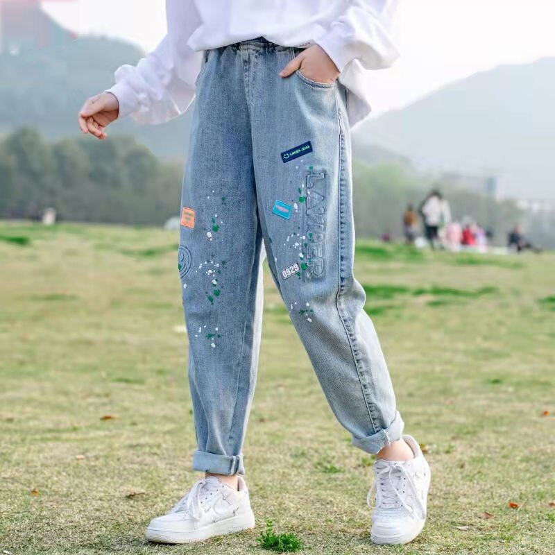 4-14Years Girls' Jeans Spring Clothes Little Girl Pants Teenager Children's Outer Wear Pants Children's Loose Girls' Trouser: 1 / 130 (5-6Y)