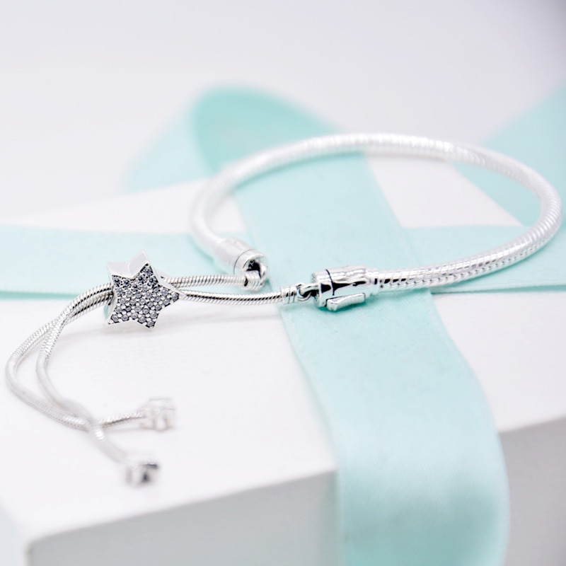 Original Moments Pave Star & Snake Chain Sliding Bracelet Bangle Fit 925 Sterling Silver Bracelet Bead Charm Diy Europe Jewelry