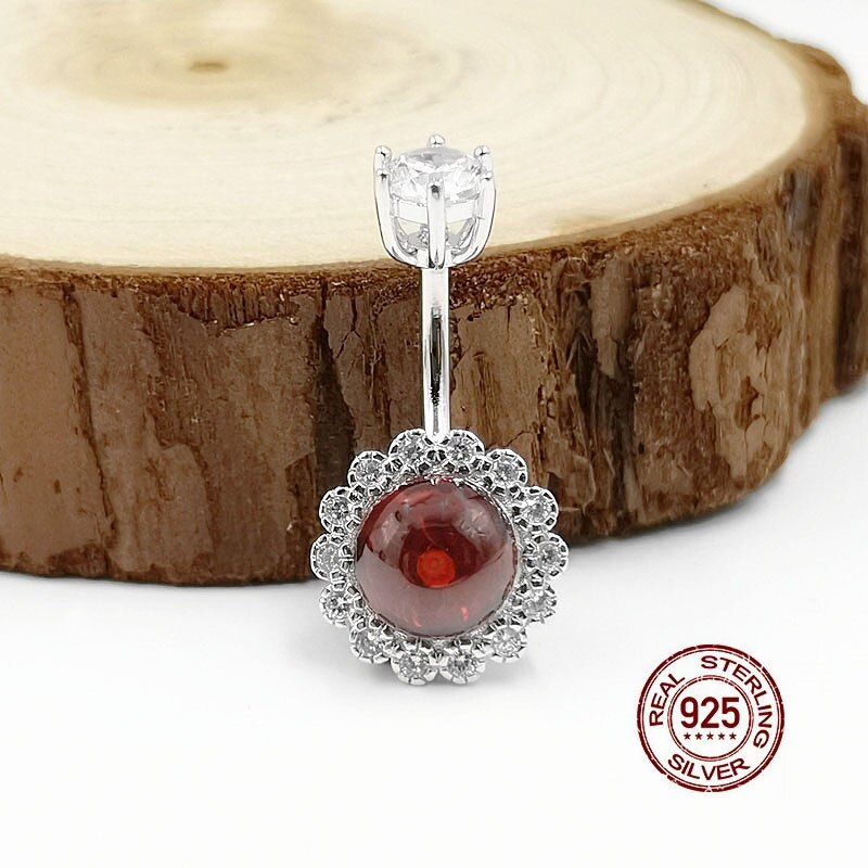 HelloLook Garnet Barbell Navel Ring 925 Sterling Silver Navel Piercing Anti-Allergy Belly Button Ring Body Piercing Jewelry
