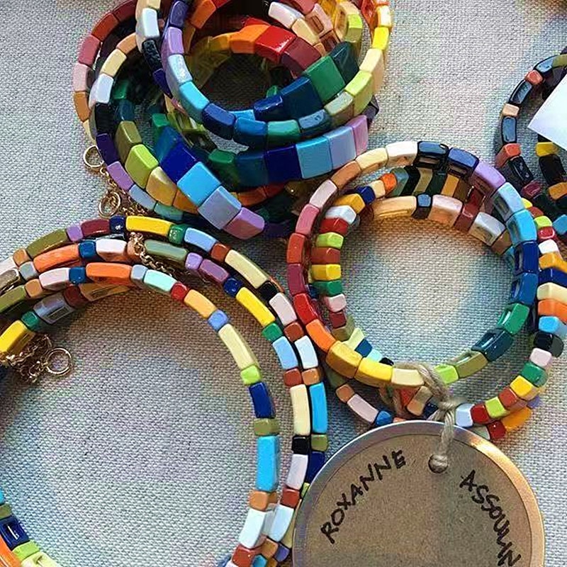 Bohemian Necklace Handmade Friendship Knit Weaving Stackable Enamel Rainbow Tile Necklace Street Photography Necklace