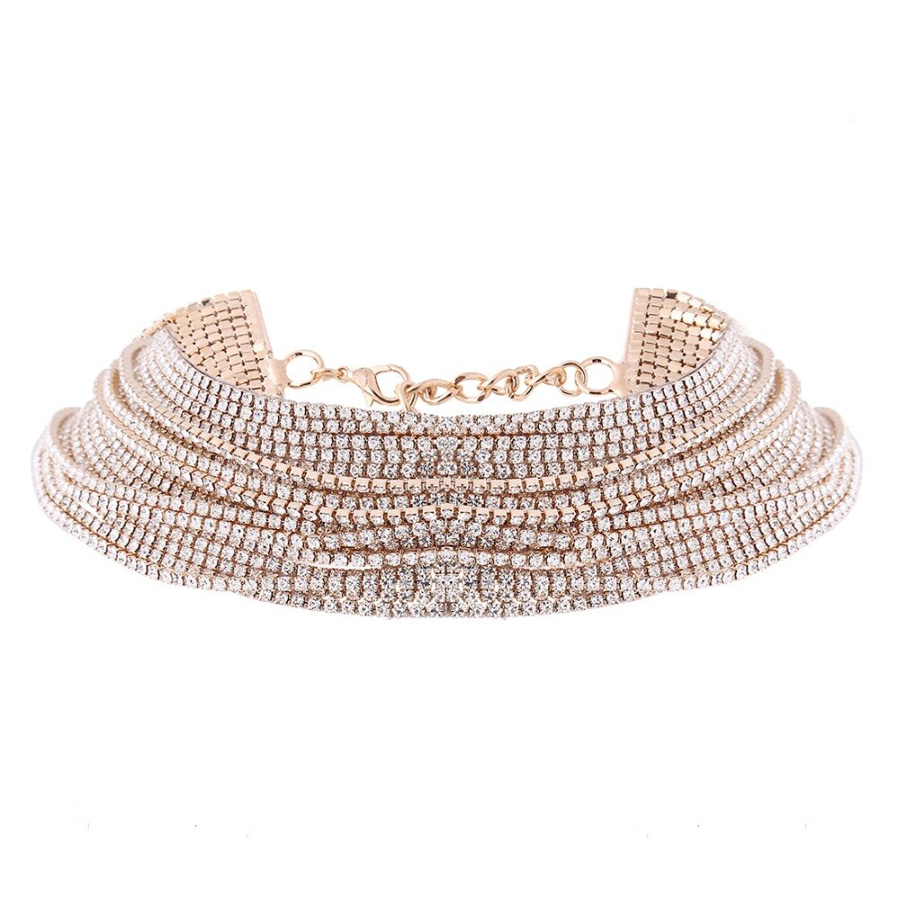 simple crystal necklace for women multirow rhinestone female choker Naszyjnik halsketting: gold