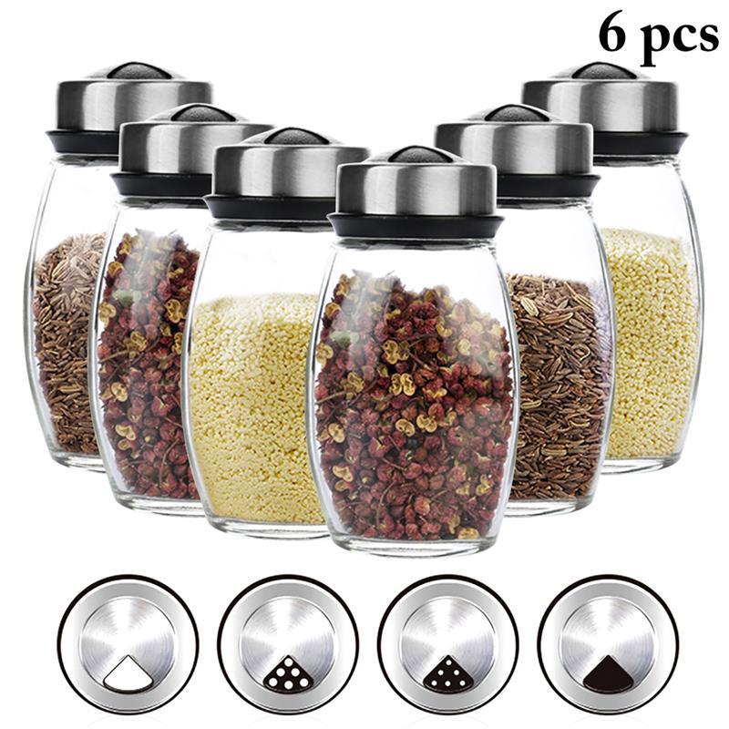 Tarros de vidrio para especias con cubierta giratoria, botellas de azúcar y sal, multiusos, agitador de pimienta, condimentos, utensilios de cocina, 6 uds./3 uds.: 2