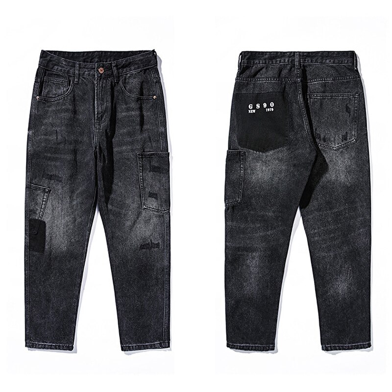 strada la moda jeans strappati uomo retrò nero grigio allentato in forma elastico casuale pantaloni carico in denim pantaloni anca-salto tasca larga pantaloni larghi