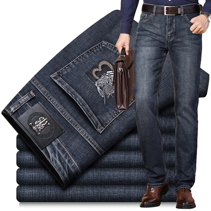 Jeans for menn slim elastisk b ord merke høst vinter forretningsbukser klassisk stil bomull jeans dongeribukser